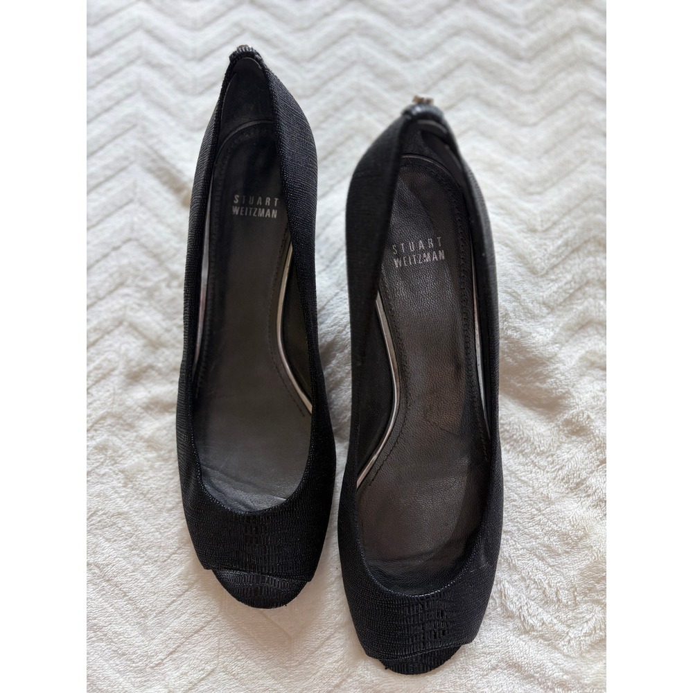 Stuart Weitzman Black Textured Peep Toe Wedge Pumps Womens 10 Good